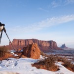 Photographers working in winter at dawn