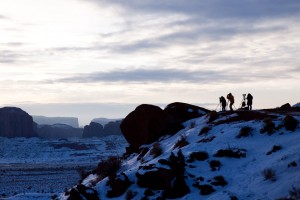 Photographers working in winter at dawn