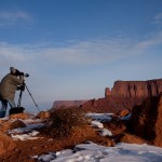 Photographers working in winter at dawn