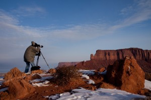 Photographers working in winter at dawn